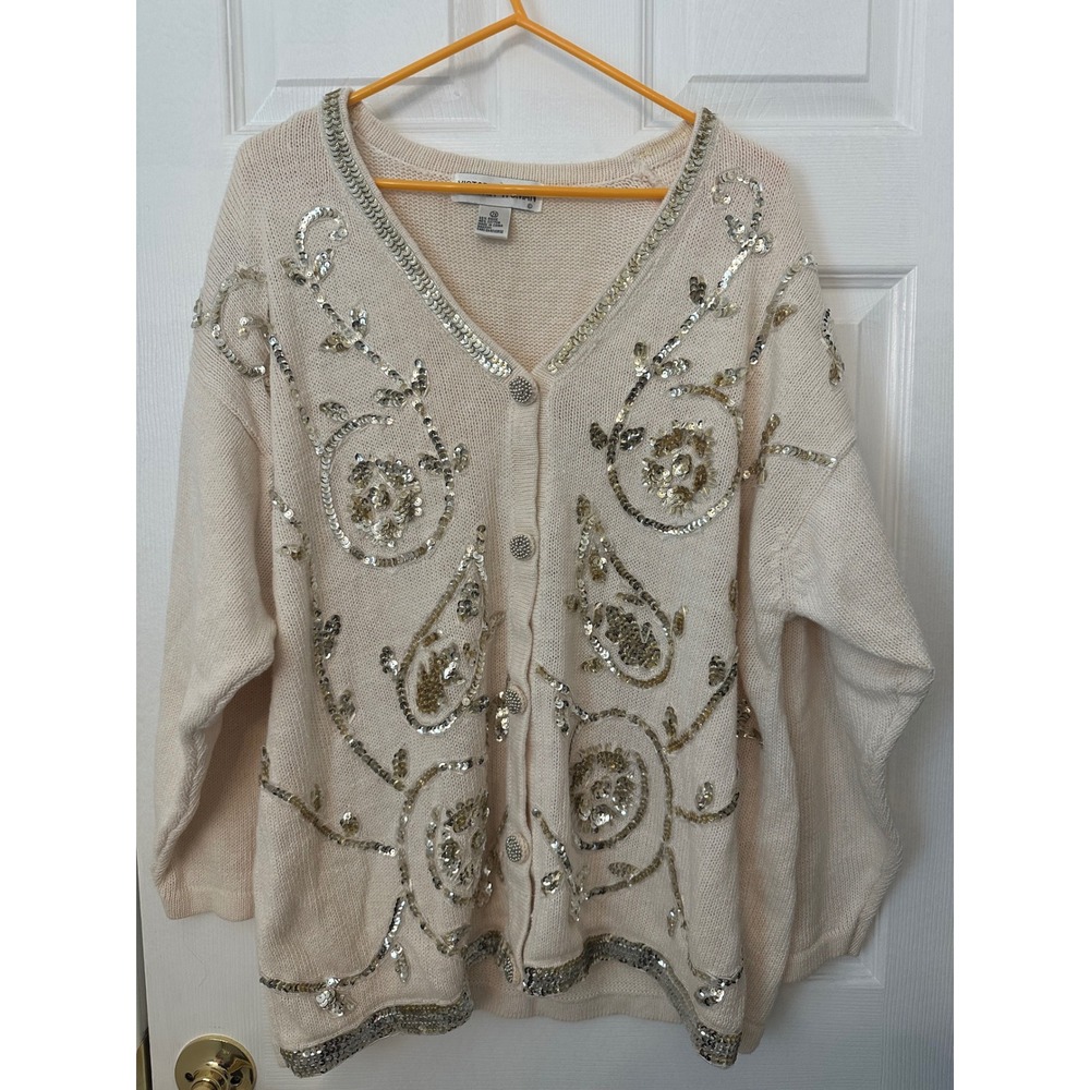 Victoria Woman Vintage Sequin Cardigan Sweater Cream Ivory Floral Paisley 2X